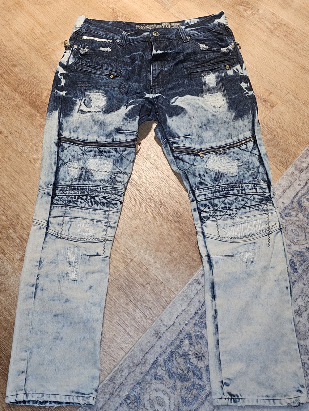 Heritage America Jeans Mens 38x34 Blue Distressed Patches Zipper Ribbed Denim